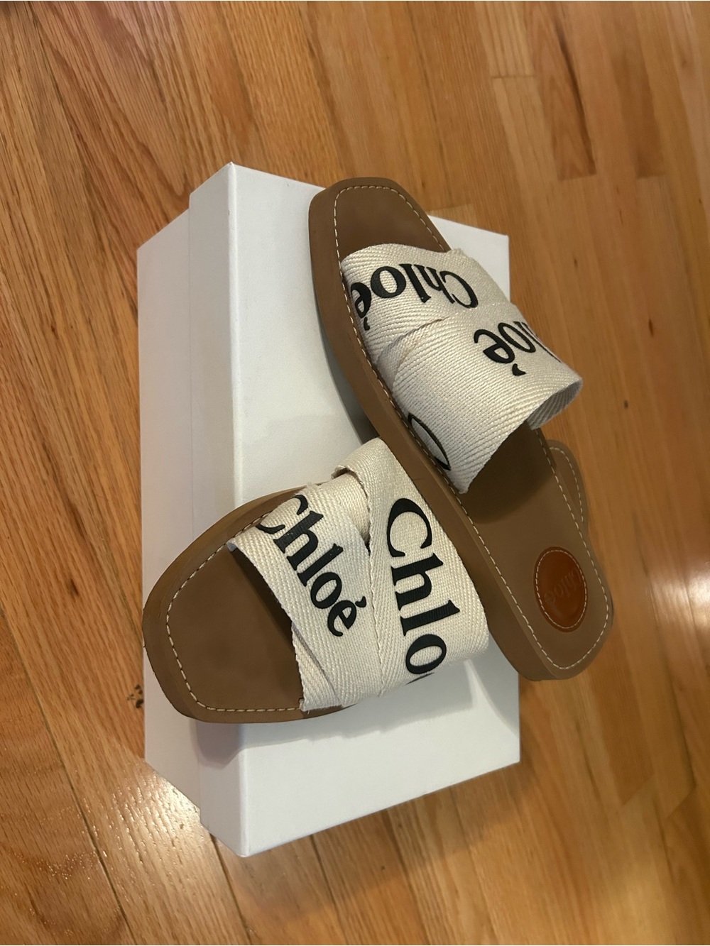 Chloé Beige and Black Logo Slide Sandals